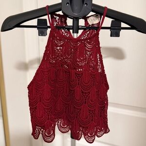 LA Hearts Burgundy Lace Crop Top
